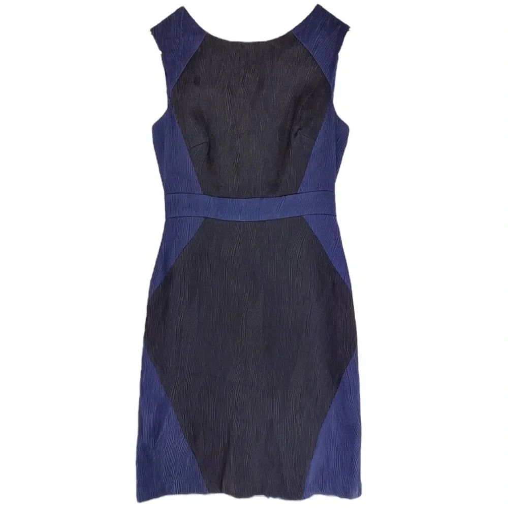 ADRIANNA PAPELL TEXTURED JACQUARD COLORBLOCK SLEEVELESS BLACK BLUE SHEATH DRESS
